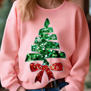 Pull à col rond tendance personnalisé pour femmes et bébés Noël avec broderie d'arbre de Noël en paillettes Pull brillant - Product Image 1