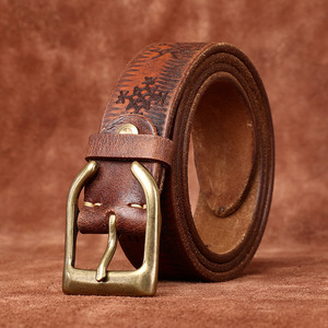 Cinturón de piel de vaca con capa de cabeza curtida de planta de cuero grueso para hombre, cinturón de mezclilla tallado con tendencia de personalidad Retro para hombre - Product Image 2