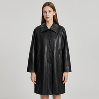Damen Schwarzer PU-Kunstleder Mantel, Minimalistischer Stil, Reverskragen, Einreihig, Lange Ärmel, Locker Geschnitten, Mittellang, Lässige Oberbekleidung