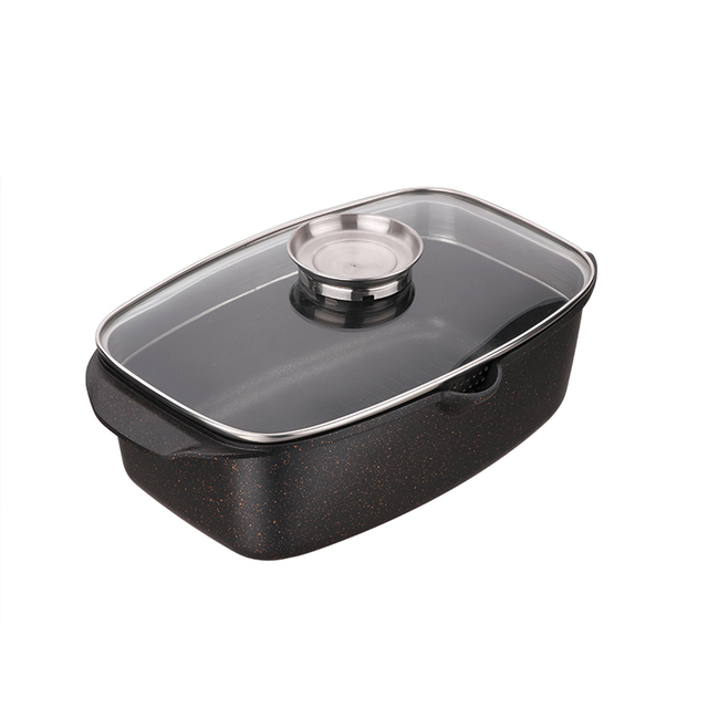32cm 35cm Die Cast Aluminium Rectangle Non Stick Marble Induction Suitable Deep Griddle Roaster Pan With Glass