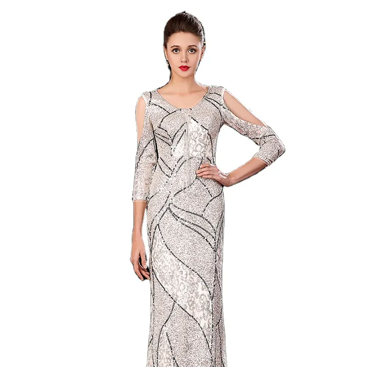 customization cut out sleeve female annual meeting banquet host dress heavy industry silver sequins evening dress fish tail gown