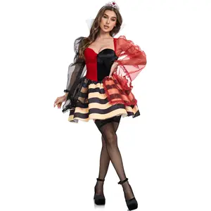 2024 New Fancy Stripe Dress Halloween Outfit Red Hearts Women Costume Queen Dress With Crown