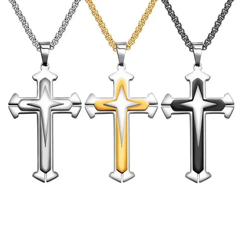 Religious Jewelry Mens Cross Men'S Gold Silver Black Pendant Hip Hop Male Necklace Stainless Steel Chain Titanium Women Necklace