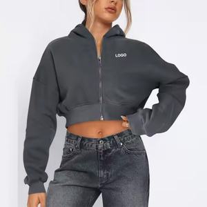 Sudadera con Capucha Corta Personalizada para Mujer, Otoño Invierno, con Cremallera Completa, Informal, para Gimnasio, con Hombros Caídos - Product Image 5