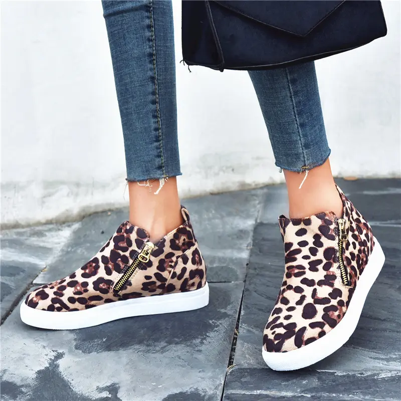 Women Leopard Printed Shoes Casual Double Side Zipper Flat Suede Sneakers
