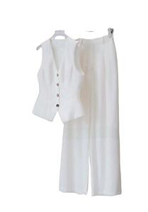 Ensemble 2 pièces gilet et pantalon vintage uni pour femme, fabriqué au Vietnam, longueur mi-mollet, sans manches, col en V, polyester/coton, perlé, anti-plis - Product Image 3