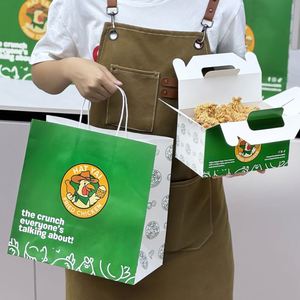 Emballage personnalisé pour restaurant de restauration rapide, sac en papier kraft écologique pour hamburgers, poulet frit, nuggets, sac à emporter avec poignées - Product Image 4