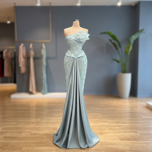 Glamorous Straight Satin Eco Friendly Anti Wrinkle Anti Static Vintage Beaded Maxi Evening Dress High Neckline Lace Pattern - Product Image 4