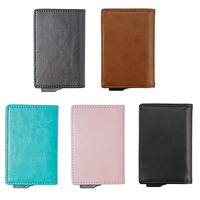 Dompet kartu Rfid kustom tempat kartu magnetik logam Dompet Pop up tempat kartu kredit fesyen pendek Rfid kulit Pu nilon uniseks