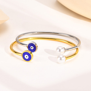 Bracelet manchette ouvert en acier inoxydable avec perle œil porte-bonheur pour femme, réglable, étanche, anti-décoloration, bijou de luxe pour usage quotidien - Product Image 2