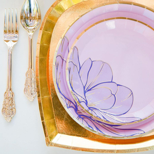 Vaisselle en papier personnalisée avec fleurs violettes et estampage à chaud doré, fabricant de vaisselle jetable, assiettes en papier, serviettes, vaisselle en papier pour fête du thé - Product Image 2