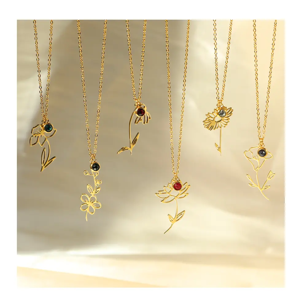 Women Birth Flower Necklace Gold Birthstone 12 Month Bouquet Pendant Floral 18K Gold Vacuum Plated Necklace Personalized Jewelry