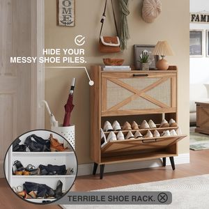 Meuble de rangement à chaussures fin en bois, autoportant, étroit et dissimulé, en bois et rotin, pour l'affichage des chaussures - Product Image 2
