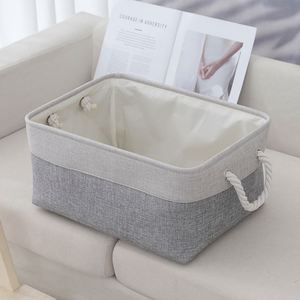Linen Splicing Rectangular Basket Toys Book Stylish Foldable Organizer <b>Storage</b> <b>Box</b> With Cotton Rope Leather Handle - Product Image 3