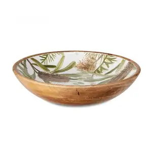 木制低深度水果碗沙拉供应给客人透明珐琅，涂有花卉印花可持续木材多功能