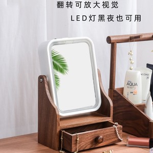 Desktop Vanity <b>Mirror</b> <b>Square</b> With Led Light Double Sided Flip Magnification Storage Drawer Wooden Base - Product Image 2