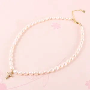 White Pink Real Freshwater Pearl Choker 18K Gold Filled Cross Star Bear Pendant Necklace Women Dainty Jewelry
