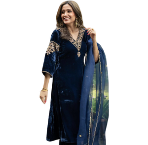 Nouveau concepteur Punjabi femmes indien costume bleu marine couleur Kurti pantalon Dupatta ensemble fête porter en gros - Product Image 1