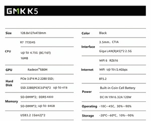 Gmktec <span class=keywords><strong>K5</strong></span> <span class=keywords><strong>AMD</strong></span> R7 7735hs chơi game mini PC 8-core 16-Thread 16/32GB DDR5 512GB/1TB SSD máy tính PC Máy tính Mini PC - Product Image 6