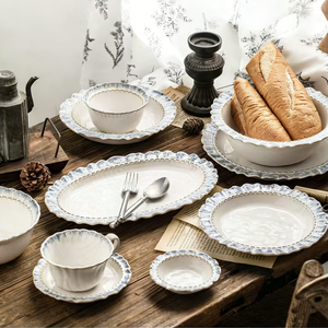 Vaisselle en céramique européenne bleu ciel, série créative en relief de dentelle, bol, assiette, assiette à soupe, ensemble de vaisselle, personnalisé, sous-glaçure - Product Image 2