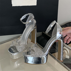 2025 Summer Bar High Heel Shoes Super High Silver Sandals with Waterproof Platform Thick Heel Roman Slides Breathable Features - Product Image 1
