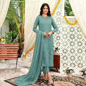 Ensemble indien pakistanais traditionnel pour femme en rayonne brodée vert-bleu, avec dupatta, longueur cheville, coupe régulière, extensible - Product Image 1