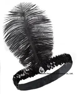 <span class=keywords><strong>Bandeau</strong></span> à plumes noires des années 1920 de Lowosaiwor, accessoire de tête Great Gatsby avec <span class=keywords><strong>ceinture</strong></span> élastique pour mariage - Product Image 6