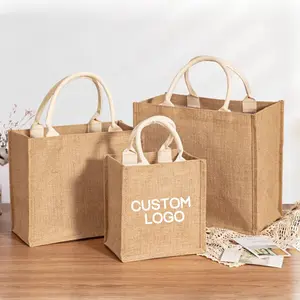 Factory Supplier Wholesale Custom Logo Heavy Duty Natural Burlap Jute Handle Tote Bag Shopping Bags For Women