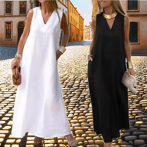 Women's <b>Loose</b> V-neck Sleeveless Maxi <b>Dress</b> Solid Color Linen Casual Summer <b>Dress</b> With Pockets Breathable Woven Fabric - Product Image 2