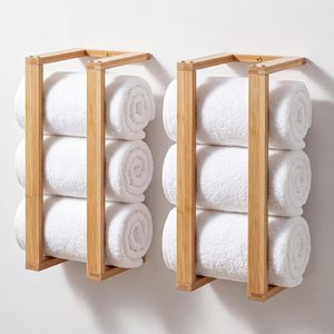 Toallero de madera con 3 barras, organizador de almacenamiento para montaje en pared, para toallas y pañuelos de baño - Product Image 1