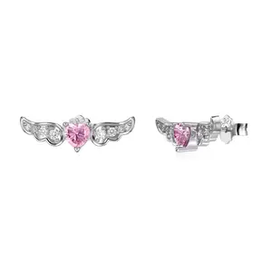 Dylam Sparkling Fine Jewelry Accessories S925 Sterling Silver Earring Cz Zirconia Pink Heart Angel Wings Stud Earrings For Women