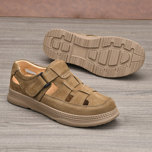 First Layer Cowhide Flat Sandals Open Toe Breathable Rubber Outsole Casual Summer Men's <b>Shoes</b> <b>Hook</b> Loop Closure Genuine Leather - Product Image 2
