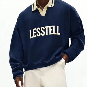 LTD-H1048 <span class=keywords><strong>Felpa</strong></span> in Cotone Pesante da <span class=keywords><strong>Uomo</strong></span>, Nuovo Design con Colletto <span class=keywords><strong>Polo</strong></span>, Stampa a Contrasto con Lettere, Oversize - Product Image 1