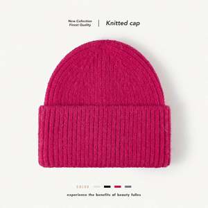 Gorro de lana cálido de doble capa con borde de piel de conejo, tejido, de color liso, para otoño e invierno, para exteriores - Product Image 1