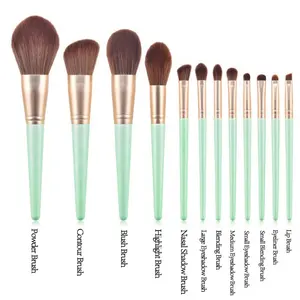 Best Price 12Pcs Green/White/Pink Unique Soft Premium Wood Handle Vegan Professional Women Cosmetic Makeup Brushes Set With Bag