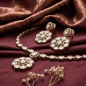 Elegant Brass Gold Plated Kundan Polki Floral Pendant Necklace Set <b>Rope</b> Matching Drop Earrings Traditional Indian Bridal Party - Product Image 5