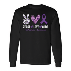 T-shirt a maniche lunghe con nastro viola per la consapevolezza sulle malattie da Alzheimer, Peace Love Cure - Product Image 2