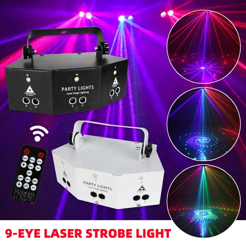 Luz laser de palco profissional de fábrica, lâmpada de projeção led com 9 olhos, luz estroboscópica, dmx controlado