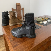 Bottes de combat tactiques mi-montantes en cuir noir pour hommes et femmes, avec embout de sécurité en acier, idéales pour le désert et la randonnée