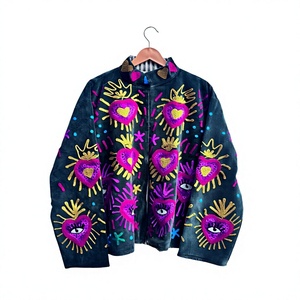 Blouson Bomber en Velours Brodé à la Main avec Motif Cœur et Œil, Manches Longues, Col Montant, Fermeture Éclair, Vêtement d'Automne pour Adulte, Vente en Gros - Product Image 4