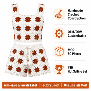 Set 2 Pezzi Fatto a Mano all'Uncinetto con Motivo Granny Square, Top Corto Senza Maniche e Pantaloncini Floreali per <span class=keywords><strong>Donna</strong></span>, OEM, Ordine all'Ingrosso, Produzione in Fabbrica - Product Image 4