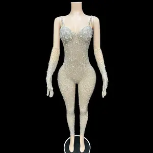 Costume da donna con strass e taglia Plus Size Costume da Club con guanti senza maniche in maglia argento corsetto