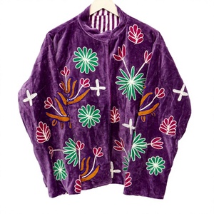 Purple <b>Velvet</b> Embroidered Floral <b>Jacket</b> Bohemian Style Mandarin Collar Three Quarter Sleeve Casual Outerwear Hand Embroidery - Product Image 1