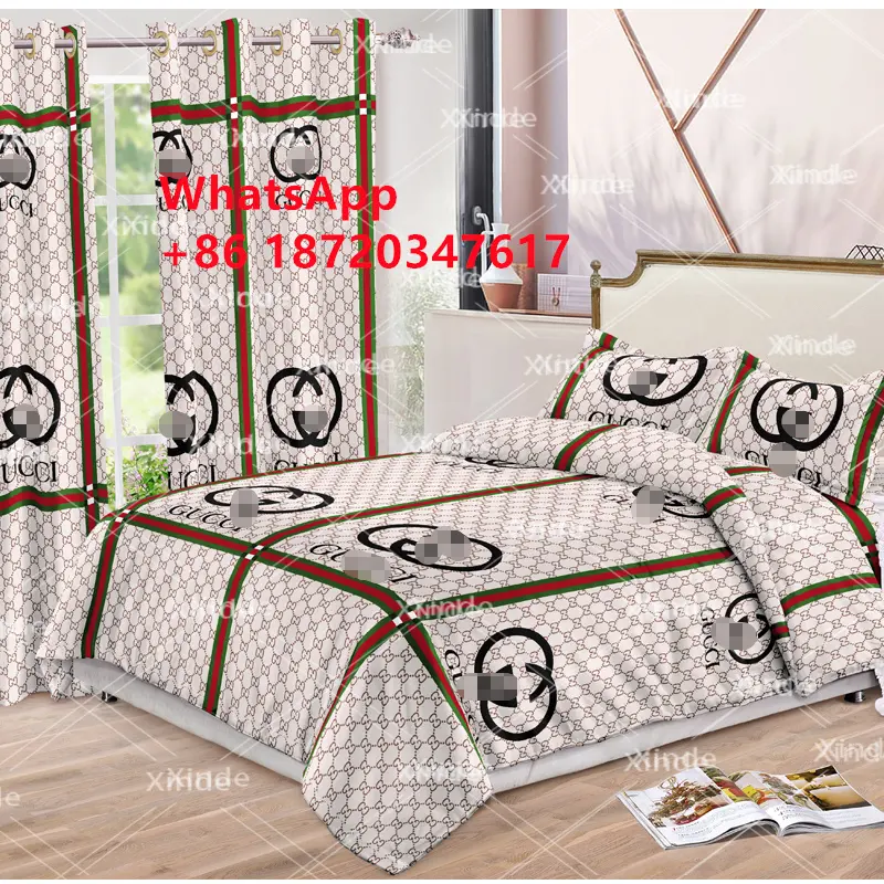 Set seprai katun kustom, 6 buah set seprai desainer dengan tirai yang cocok, set seprai ukuran king untuk kamar tidur, MOQ rendah