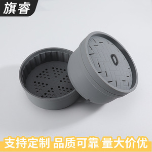 Silicone Steamer For Steamed Buns And Dumplings Round Compact With Lid Grey Color - Product Image 5