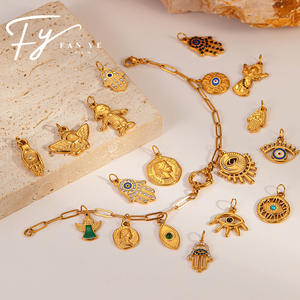 Pendentif YF8113 tendance vintage en zircon incrusté, motif <span class=keywords><strong>palmier</strong></span> et œil, avec finition goutte d'huile, plaqué or 18 carats, en acier inoxydable étanche - Product Image 2