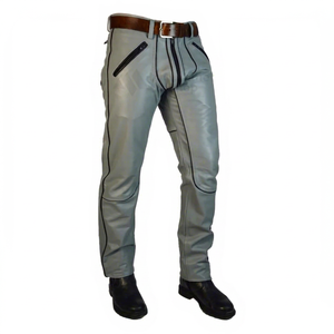 Pantalon de moto matelassé en cuir d'agneau véritable blanc pour homme SYBOC INDUSTRY, taille haute, fermeture éclair, respirant, coupe droite, grandes tailles - Product Image 1