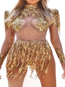 Costume de scène sexy moulant en polyester 100% avec franges dorées pour adultes, danse <span class=keywords><strong>latine</strong></span>, Europe et Amérique - Product Image 3