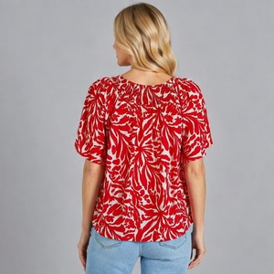 Blusa Bohemia con Estampado de Hojas Rojas para Mujer, Cuello Elástico Fruncido, Manga con Volantes, Lino Viscosa, Ropa de Resort, <span class=keywords><strong>Top</strong></span> a Juego - Product Image 2