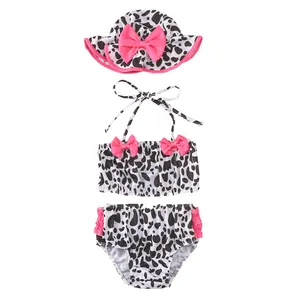 baju renang 0-12 bulan Suppliers-2022 Label Pribadi Macan Tutul Tiga Potong Baju Renang Bayi Ruffle dengan Topi Pita Desain Bloomer Set Pakaian Renang Bayi Perempuan Seksi